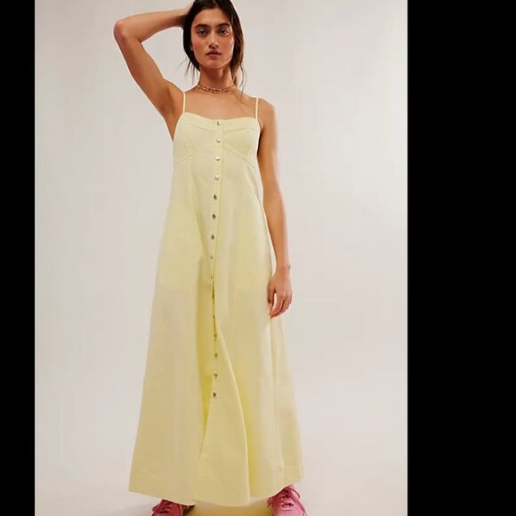 Free People Just Jill Maxi Light Yellow button jean maxi dress tank L Large long - Picture 2 of 11